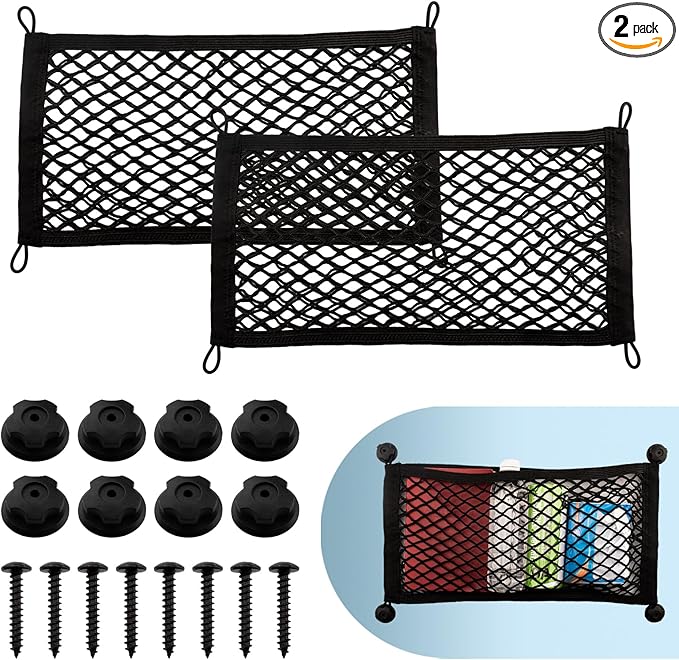 2 Pack Small Cargo Net Pocket Storage Pouch Bag 21 x 9.8 Inches RV Netting Elastic Automotive Cargo Nets with 8 Mounting Screws, Storage Mesh for Car Trunk SUV Boats
