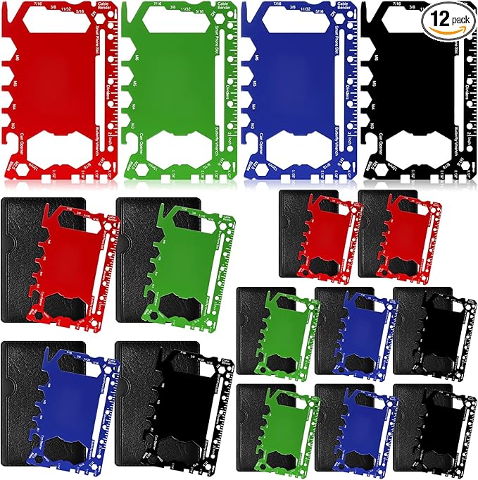 Cholemy 12 Pcs Credit Card Wallet Multitool 46 in 1 Metal Stainless Steel Survival Pocket Tool Multipurpose Bottle Opener Bulk for Men Christmas Stocking Stuffer Gift(Multicolor,Classic Style)