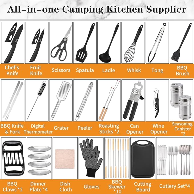 Camping Essentials Cookware Cooking Utensils Set - Portable Camp Kitchen Mess Kit Outdoor Accessories, Stainless Steel & Silicone, Camping Gear Equipment for RV Picnic Grill, Green Pro