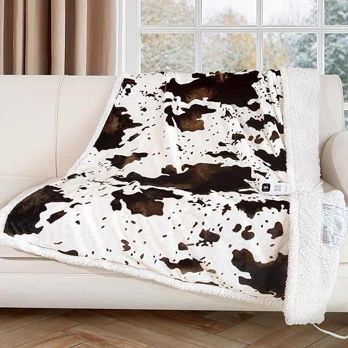 Heated Blanket Throw Electric Blanket with Foot Pocket, GentleSoft Flannel Blanket Throw with 10 Heating Settings,10 Hours Auto Off, Cow Print Cozy Soft, Washable, Warm Gifts (50x62 Inch)