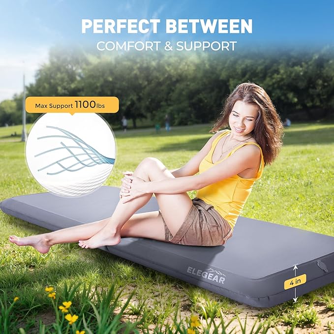 Elegear Camping Sleeping Pad with Multi-Function Electric Pump, 4’’ Ultra-Thick & 1100lb Ultra-Support Camping Air Mattress, Durable Sleeping Pad for Camping/Hiking/Tent/Home/Car Travel