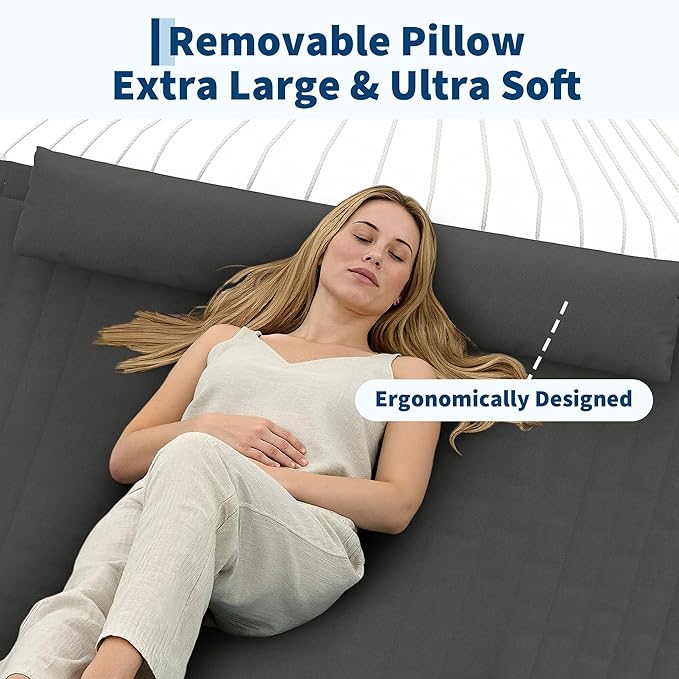 12 FT Double Quilted Fabric Hammock with Spreader Bar & Detachable Pillow, 450 LBS Capacity 2 Person Hammock, Indoor Outdoor for Patio Backyard Poolside Garden