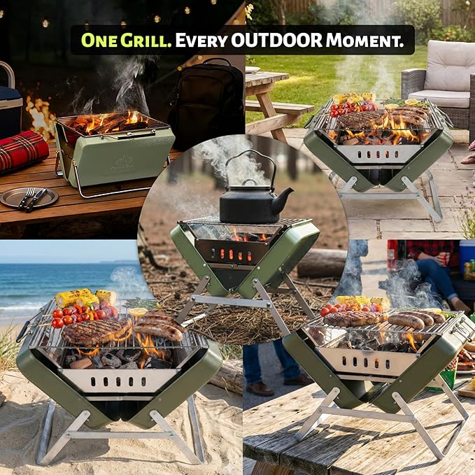Ranger Plus Portable Charcoal Grill – Folding BBQ with Large Grilling Grate for Camping, Tailgating & Backyard | Serves 4–5, Full‑Grate Cooking Coverage, 304 Stainless Steel, 3‑Second Setup