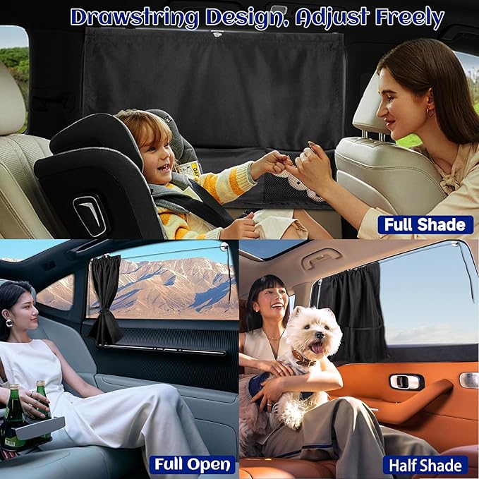 Car Window Shades, 2 Pcs 5 Suction Cups Car Sun Shade for Baby with Car Tissue Holder & Storage Net Pocket for Heat/UV Protection Sun Block Covers, Car Camping Accessories