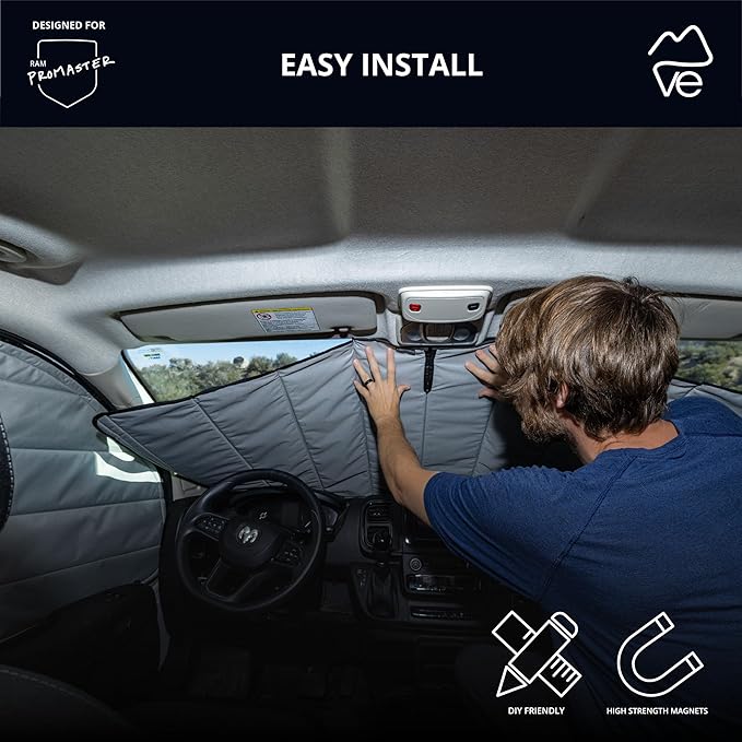 VanEssential Insulated Reflective Blackout Front Windshield Cover Designed for RAM Promaster Van Years 2014 to Current Model - Charcoal Gray Reflective