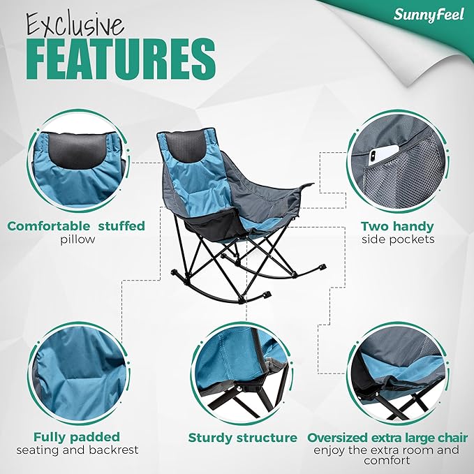 SUNNYFEEL Oversized Rocking Camping Chair, Fully Padded Patio Chair with Side Pocket, High Back Portable Lawn Recliner with Headrest, Outdoor Camp Rocker Chairs for Adults Heavy Duty 500 LBS Carry Bag