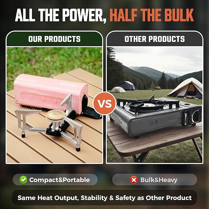 BIG HORN OUTDOORS Butane Camping Stove, Portable Folding Gas Burner with Carry Bag for Camping, Emergency Use and Outdoor Cooking, Pink