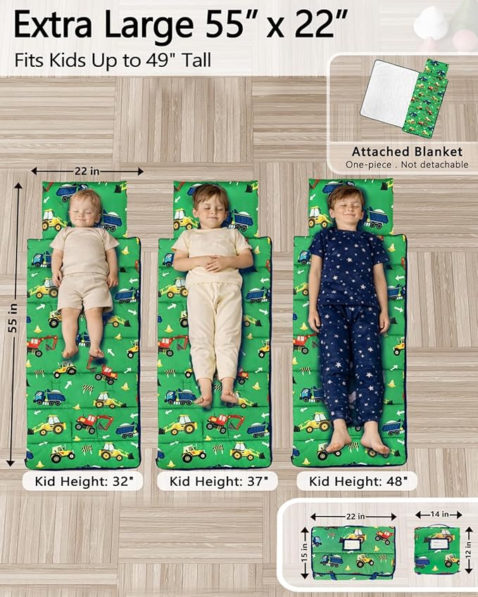 Primlect Toddler Nap Mat with Removable Pillow and Flannel Blanket, Portable Sleep Bag for Kids, Easy to Roll up, Washable, Perfect for Daycare, Preschool, Boys and Girls, 3-6 Years