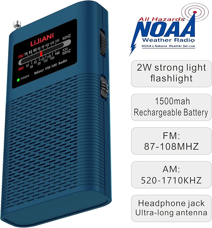 Pocket Weather Alert Radio NOAA/Am/Fm Portable Transistor Powered 1500MAH Battery with Flashlight Emergency SOS Alarm Best Reception New Version with Backlight