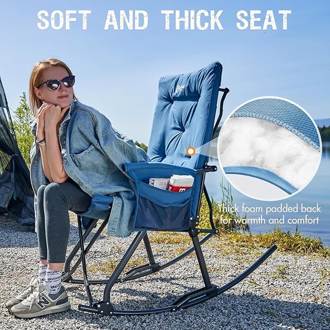 Portal Folding Rocking Camping Chair Outdoor - Thick Padded Rocking Recliner Chair Portable Camping Rocker for Patio Front Porch Backyard Lawn Living Room, Supports 400 LBS