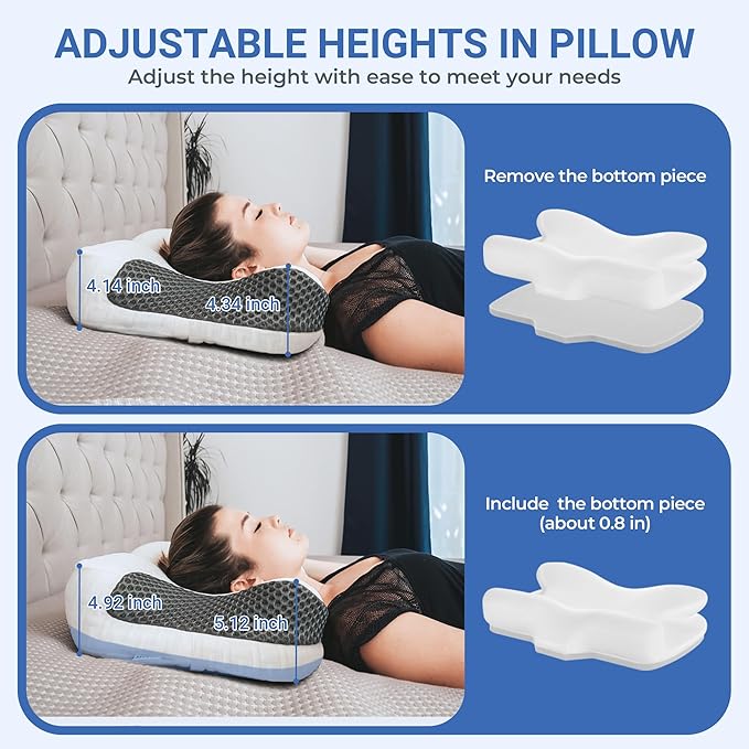 Elviros Cervical Neck CPAP Pillow for Sleeping, Ergonomic Adjustable Height Neck Support Memory Foam Bed Pillow for CPAP Users with Sleep Apnea, Suitable for Side and Back Sleepers