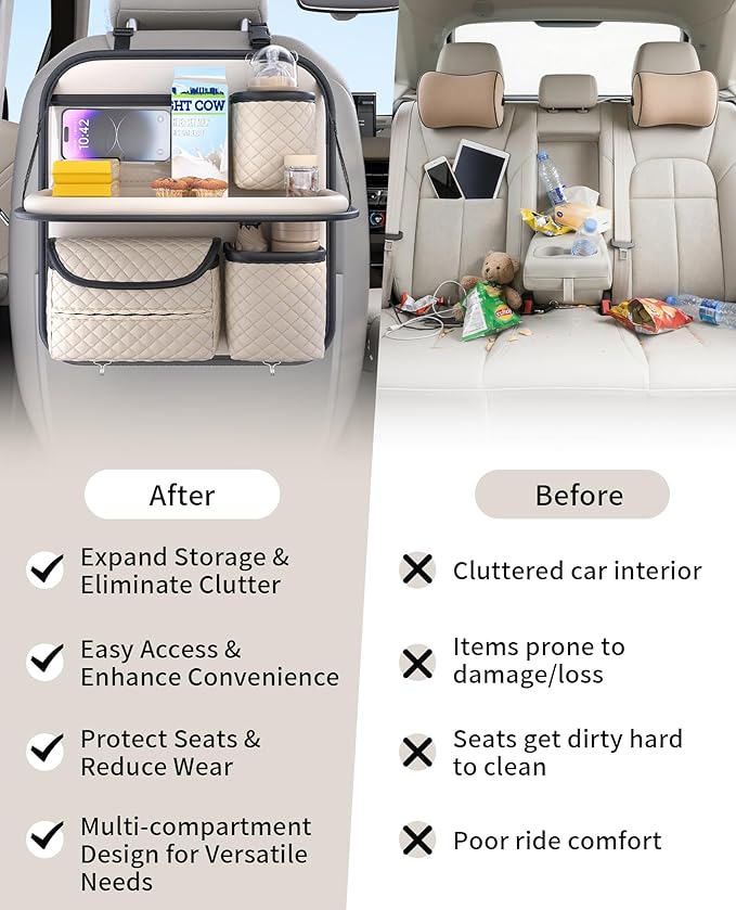 Leather Backseat Car Organizer with Tray & Cup Holder - Car Seat Organizer for Kids, Women, Road Trip Essentials for SUVs, Trucks and Cars (Beige)