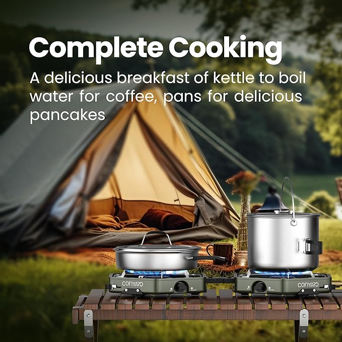 Cofiyard Propane 2-Burner Camping Stove with Carrying Bag and Gas Stove Pressure Regulator, Camping Essentials Folding Camp Stove with Flick-Style Ignition for Backpacking, Outdoor Cooking, Tailgating
