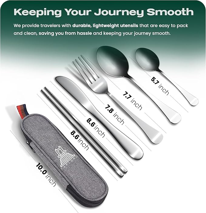 Taplord Portable Travel Silverware Set With Case, Includes 5 Pcs of Travel Utensils With Case, Stainless Steel Flatware Set For Camping, Easy to Travel, Lightweight (Silver), Medium, TL-05S