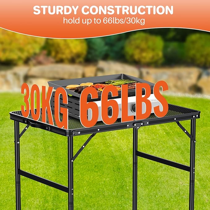 FUNYKICH Wider and Taller Grill Table 31.5''x21.6'', Max Height 29.4'' Portable Camping Tables, 2 Height Adjustable Lightweight Metal BBQ Table with Carry Handle for Camping, Picnic, BBQ, Black