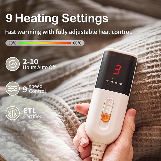 Texciting Heated Blanket Electric Blanket Throw 50''X60''-Heating Throw with 9 Heat Settings-2-10 Hours Auto Off,ETL Certified,Machine Washable (Grey)