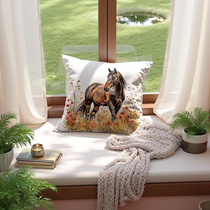 Farmhouse Horse Throw Pillow Cover 18x18, Country Wildflowers Horse Pillows Covers，Horses Gifts for Women Girl Horse Lovers，Cottagecore Animal Farm Field Decor