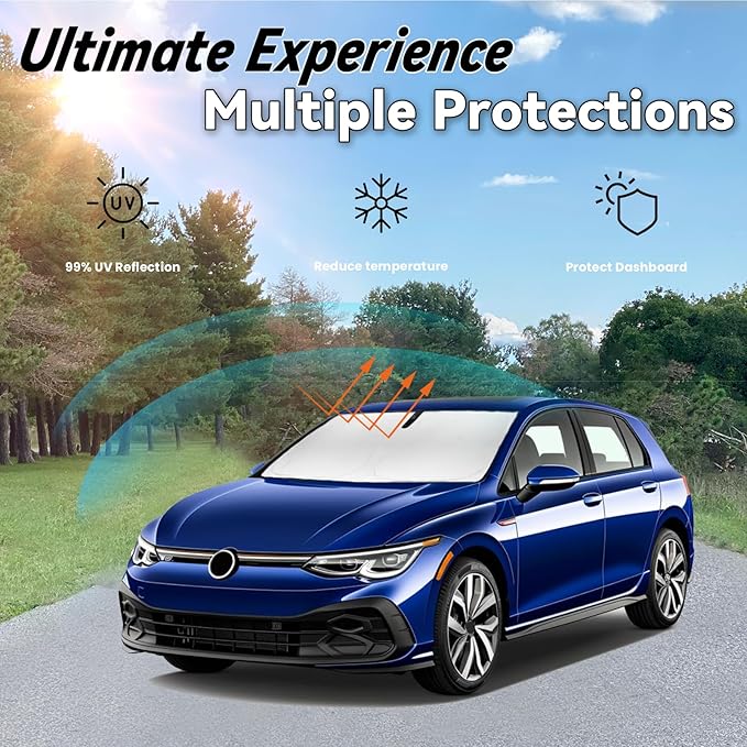 Windshield Sun Shade for 2015-2021 VW Volkswagen Golf GTI/e-Golf/Golf R - Car Front Window Sun Visor & Heat Shield Accessories | 240T Sunshade Blocks UV Rays Sheld