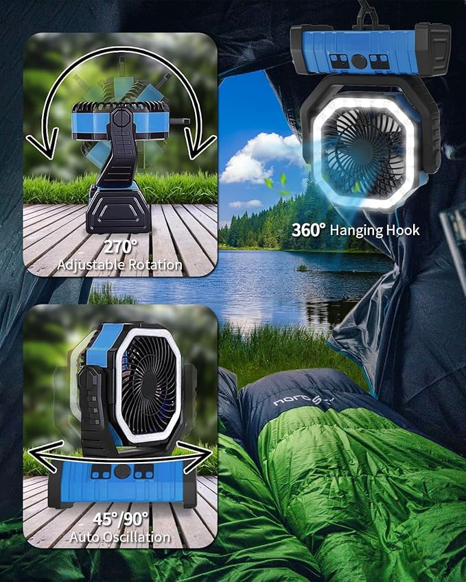 ADUST Camping Fan Battery Operated Powered Fan with LED Lantern Light 20000mAh Rechargeable Portable Oscillating, 360° Rotation Hanging Hook for Tents, Cordless USB Desk Fan(Blue)