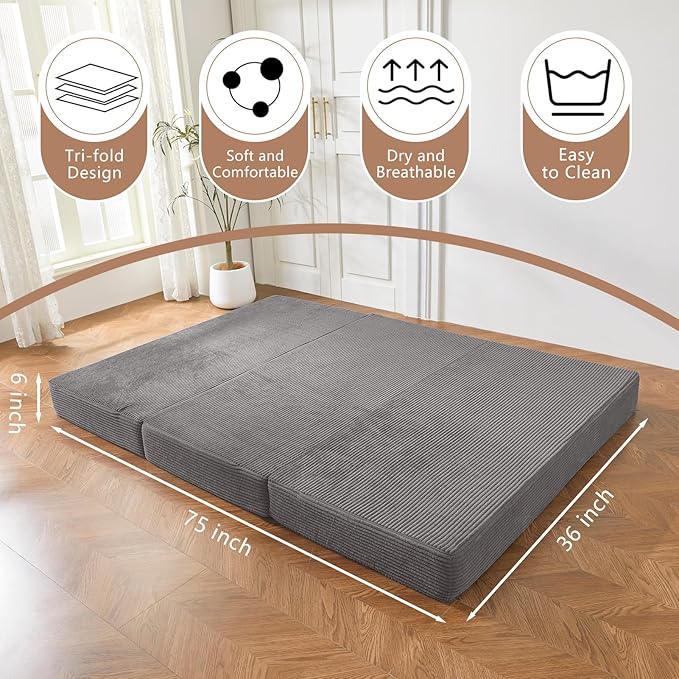 BYBYME Tri-Folding Corduroy Mattress, 6 Inches Gel Folding Mattress Topper, Foldable Soft Guest Bed Camping Pad, Washable Cover (Grey, Twin)