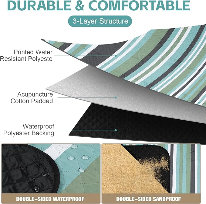 Picnic Blankets Outdoor Extra Large - 80"x80" Waterproof Beach Blanket, Machine Washable 3-Layer Foldable Park Mat with Sandproof Backing for Grass, Hiking, Travel, Concerts, Indoor (OliveStrip)