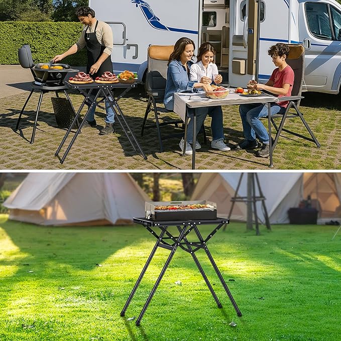 GARLLEN Folding Grill Table Max Capacity 180 lbs, 3 Adjustable Height Camping Table with Heat-Resistant Tabletop, Aluminum Picnic Table with Stable Structure for BBQ, Camping, Outdoor, 23.6"L x 15.7"W