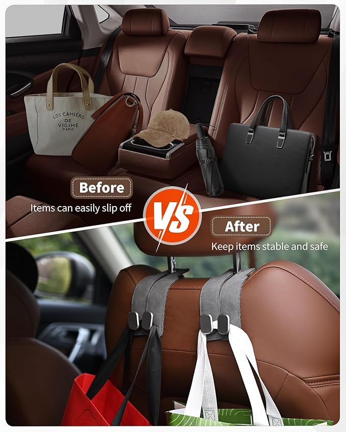 Headrest Hooks for Car, 4 Pack Car Seat Back Organizer Storage Hook, Double Hook Car Seat Hooks for Hanger Purses and Bags, Leather Purse Holder for Car, Grey