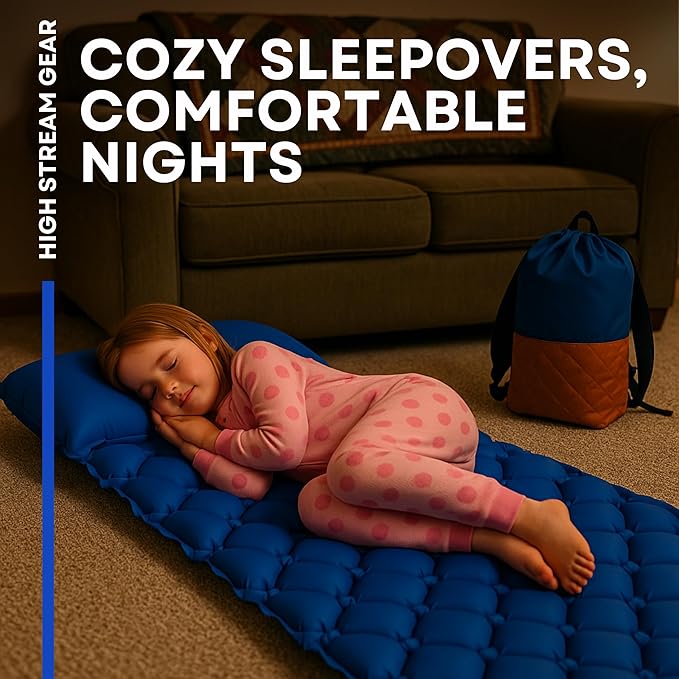 Kids Sleeping Pad for Camping and Sleepovers with Pillow, Inflatable Camping Mattress for Backpacking & Travel, Thick Toddler Cot Mat, Fast Inflating Camping Sleeping Pads for Kids