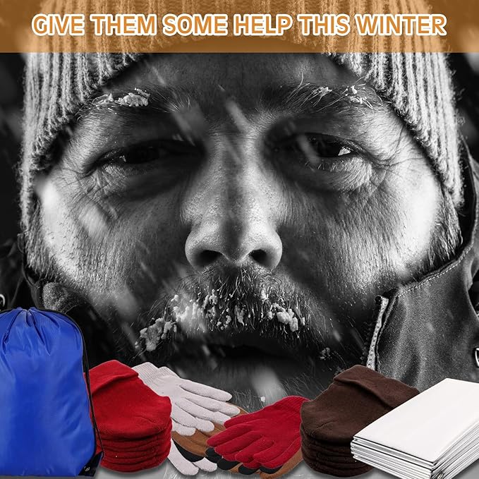 Xtinmee 96 Pcs Christmas Homeless Care Package Supplies Winter Beanies Gloves Emergency Thermal Blankets and Drawstring Bags for Men Women Outdoors Winter Homeless Donation Charity Care