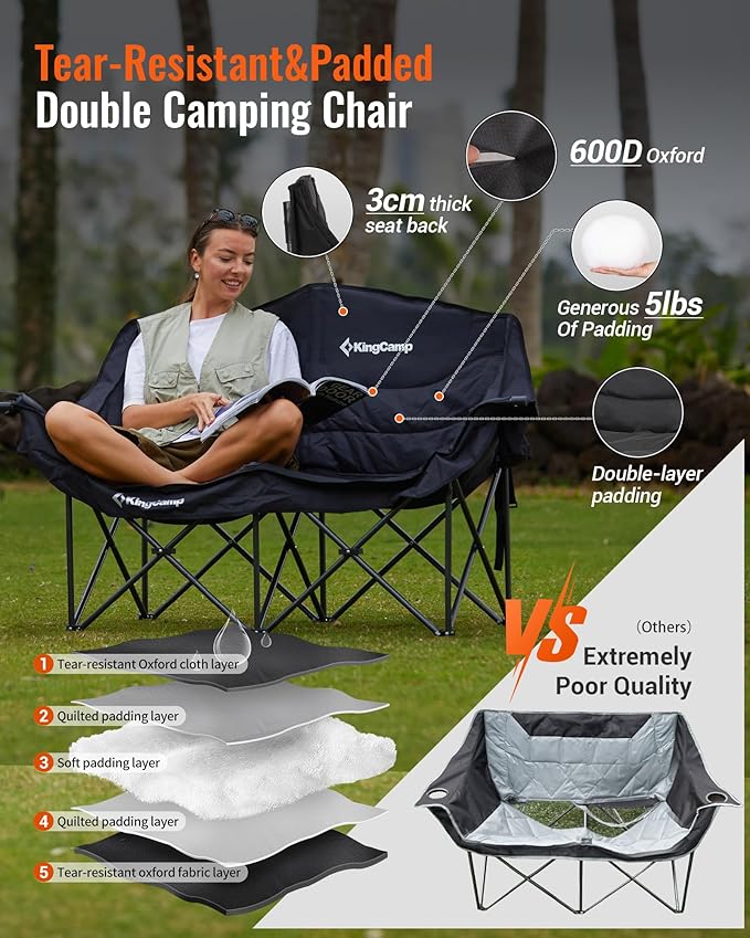 KingCamp Double Camping Chair, Oversized 880lbs Heavy Duty Loveseat for Adults Portable Folding XL 2 Person Couch Padded Comfortable Two Seat with Cup Holder for Outdoor Lawn Backyard, Black