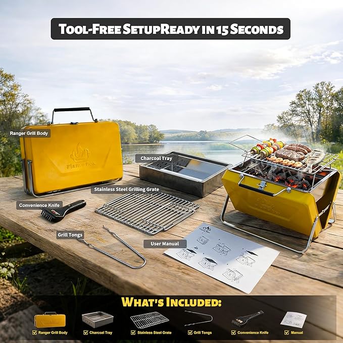 Ranger Portable Charcoal Grill – Compact Lunchbox‑Style Folding BBQ for Camping & Beach| Dual‑Zone Heating, Stainless Steel Body, 3-sec Setup, Includes Tong & Cleaning Brush, Serve 2-3 people