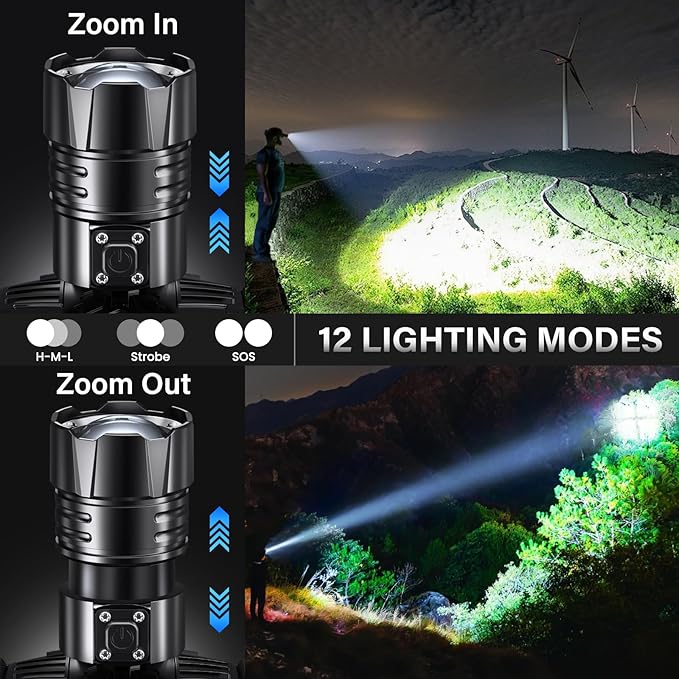 FINICO Rechargeable LED Headlamp 99000 High Lumens, 95 Hours Long Lasting Head Light with Zoomable & IPX7 Waterproof & 12 Modes & 125° Adjustable, Powerful Head Lamp for Outdoor (2 Pack)