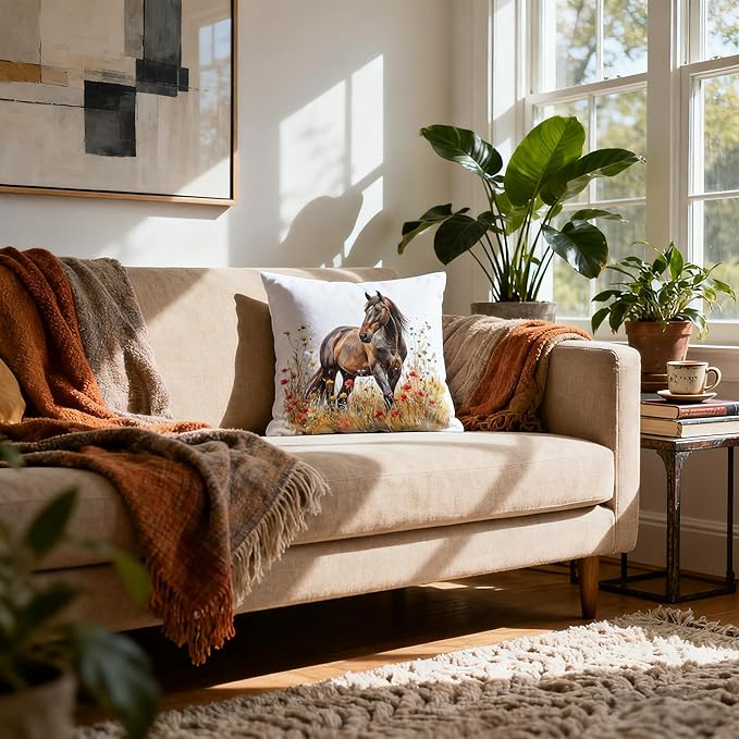Farmhouse Horse Throw Pillow Cover 18x18, Country Wildflowers Horse Pillows Covers，Horses Gifts for Women Girl Horse Lovers，Cottagecore Animal Farm Field Decor