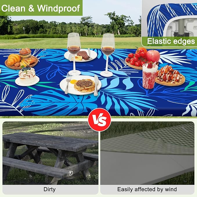 Picnic Table Cover with Bench Covers Portable Table Cloth Built-in Storage Pocket Fitted Tablecloth with Elastic Edges Waterproof Camping Essentials for Indoor Outdoor Rv,72in,Deep Blue