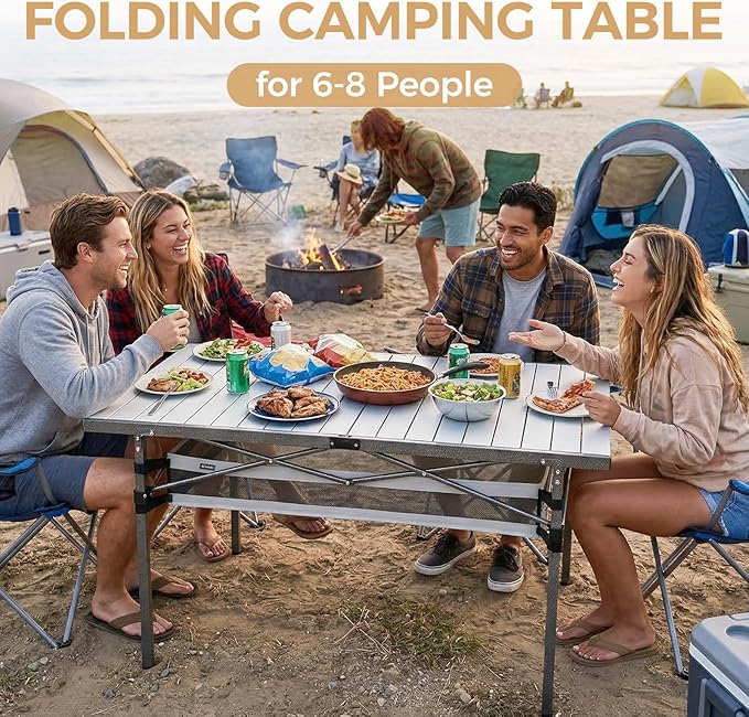 KingCamp Folding Camping Table, Aluminum Roll-Up Camp Table, Large Foldable Table for 4-6 Person, Outdoor Portable Tables with Carry Bag, 180 LBS Heavy Duty Load (Silver+Mesh：53.5" × 27.5")