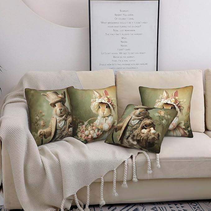 Easter Bunny Throw Pillow Covers 18 X 18 Inch Set of 4 Decorative Cushion Cover Home Decor for Sofa Chair Couch Bedroom Living Room