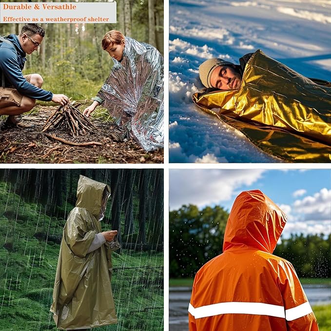 4X Survival Gear kit, Emergency Poncho (2pc), Emergency Space Blanket (2pc), Mylar Liner - Retains 92% Body Heat, for Outdoors, Hiking, Camping, Bug Out Bag, Marathons or First Aid, Car (Green)