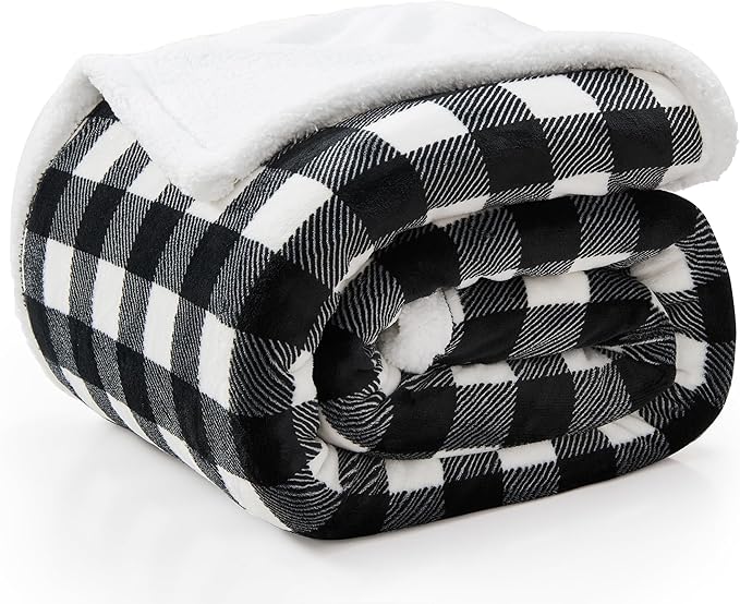 BEDELITE Sherpa Fleece Blankets King Size - Black and White Buffalo Plaid Christmas Blanket, Super Soft Cozy Warm Thick Winter Blanket for Couch and Bed, 108" x 90"