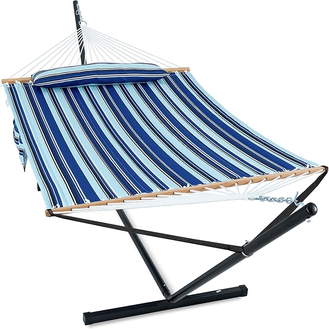 GAFETE 2 Person Hammock with Stand for Outside, Heavy Duty Steel Stand, Double 55inch Hammocks, Large Removable Pillow, Storage Bags, Max 475 lbs Capacity (Pacific Stripe Blue)