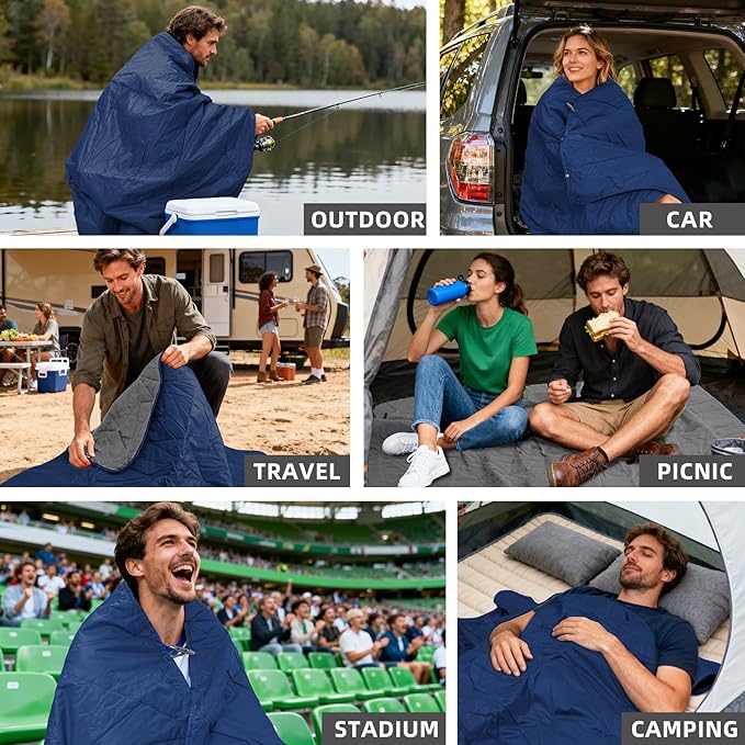 Large Outdoor Waterproof Blanket Extra Thick Fleece Stadium Blanket for Camping, Car, Pet, Picnics - Windproof, Wearable, Machine Washable 80" x 58" (Deep Blue,Hooded)