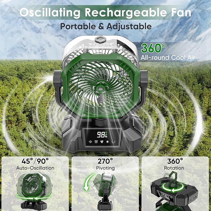 COZII Misting Fan Portable, 20000mAh Camping Fan Rechargeable with Mist - Mister with 360ml Water Tank, Touch Screen, 5 Speeds, 3 Colors LED Lantern, 8 Timing, for Tents, Travel, Beach, Home, Outdoor