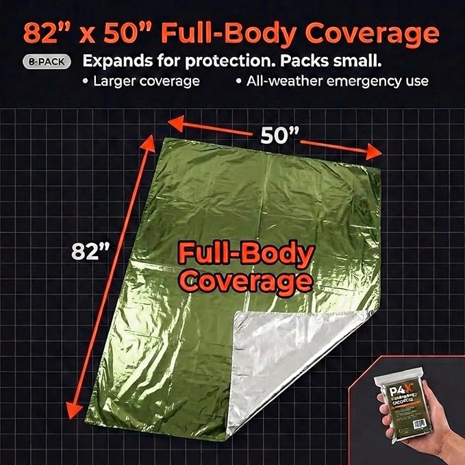 PREPARED4X Mylar Blankets 8 Pack - Waterproof Emergency Blanket - Rip and Tear Resistant Survivalist Gear - Emergency Thermal Blanket for Outdoor Survival