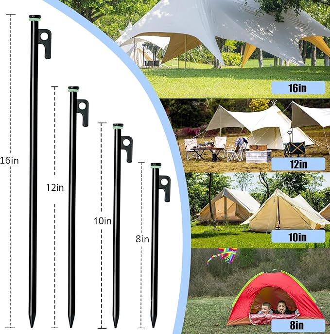 8 Pack Tent Stakes with Hammer, 16in Heavy Duty Tent Stakes + 12in Camping Hammer+Storage Pouch, Forged Steel Stakes for Camping Used on Rocks(8Pcs 16in Stakes and Hammer)