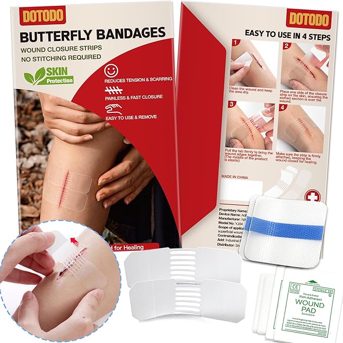 Emergency Wound Closure Strips - HSA or FSA Eligible - Dotodo 2PCS Laceration Closure Kit - Sutures Butterfly Bandaids | Stretchable & Shrinks Back to Close The Cut