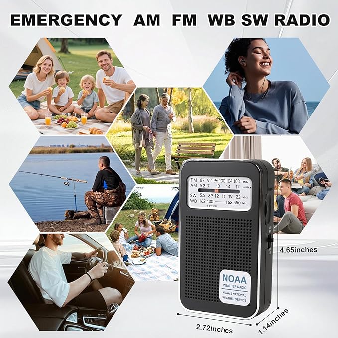 4 Bands AM FM SW NOAA Weather Radio, Portable Pocket Radio with Earphone Jack & Speaker, Rechargeable & Battery Powered, Compact Emergency Radio for Hurricane Home Outdoor Walking