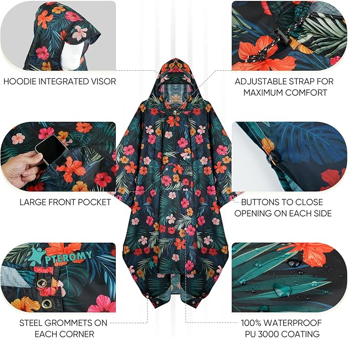 PTEROMY 3-in-1 Hooded Rain Poncho for Adult with Pocket, Waterproof Lightweight Unisex Raincoat for Hiking Camping Emergency