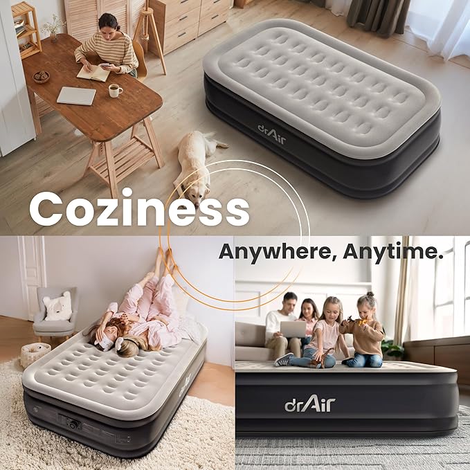 Dr. air Twin Air Mattress with Built-in Pump, 18” Raised Blow Up Mattress - 500 lbs Max Honeycomb Design, 3-Min Inflation, Waterproof Velvety Top, Ideal for Home, Guests & Camping, Colchon Inflable