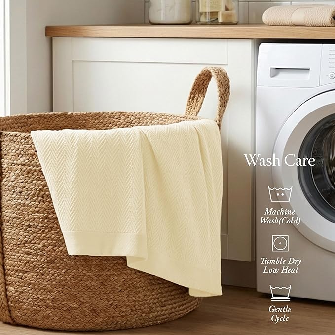 Threadmill Vanilla Cream 100% Combed Cotton King Size Blanket, All-Season Soft Breathable Light Weight Herringbone Throw