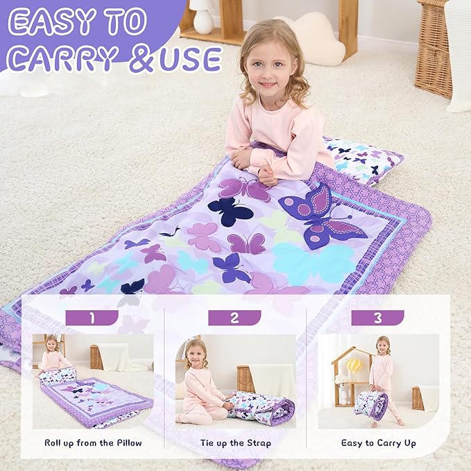 UOMNY Toddler Nap Mat Girls Kids Nap Mats with Removable Pillow and Blanket Butterfly Toddler Sleeping Bag for Preschool Daycare Purple 53x21 Inch