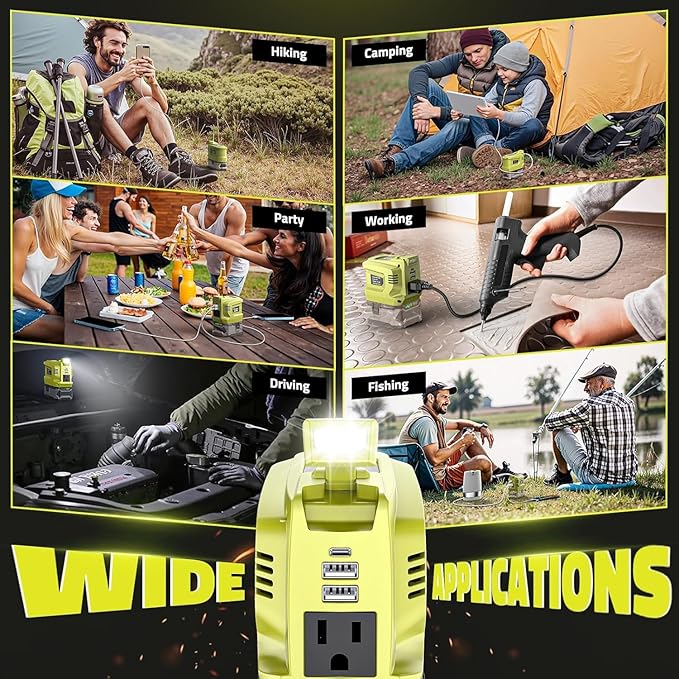 Ecarke 200W Portable Power Inverter Compatible with Ryobi 18V Battery, DC 18V to AC 110V Power Station with 1 AC Outlet, 2 USB, 1 Type-C & LED Light, for Outdoor Emergency Use (No Battery)(2-Pack)